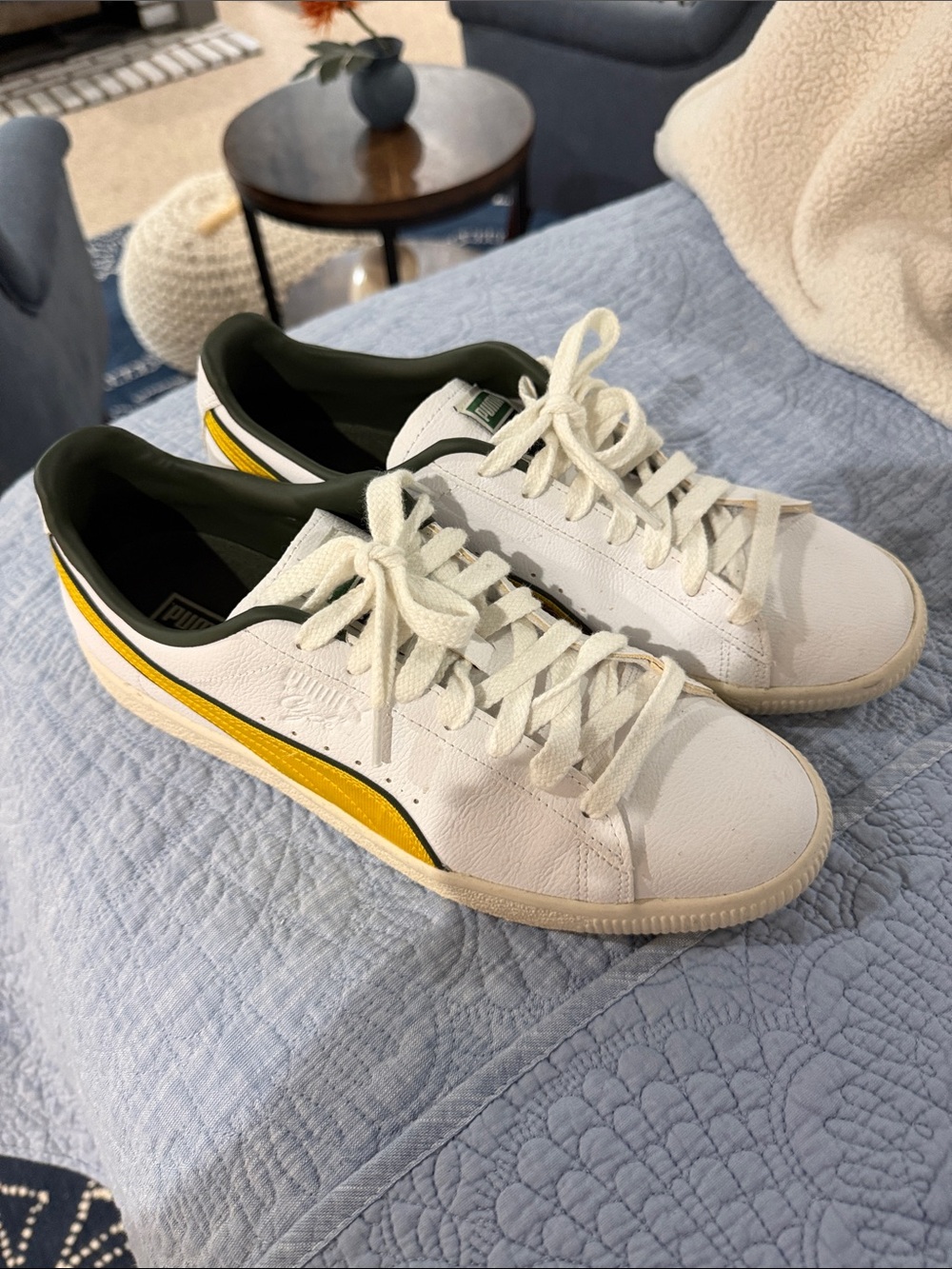 Puma White Sneakers with Yellow Stripe and Dark Green Trim